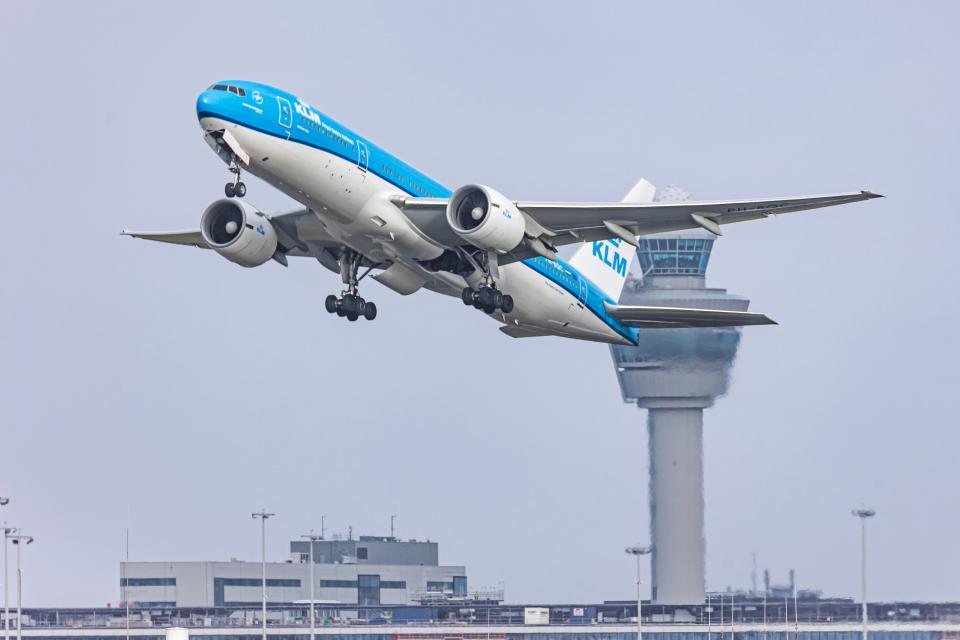 A KLM Boeing 777 takes off from Schipol Airport in Amsterdam