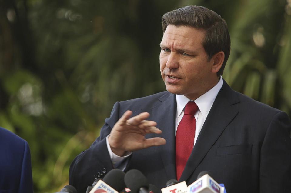 Florida Gov. Ron DeSantis speaks during a press conference about medical marijuana at Kraft Azalea Park in Winter Park, Fla., Thursday, Jan. 17, 2019. DeSantis criticized the Legislature's implementation of a medical marijuana law and said Thursday that if they don't fix it quickly, he'll take matters into his own hands.