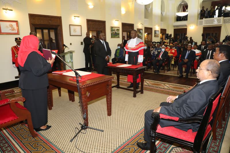 Tanzania's new President Samia Suluhu Hassan takes oath of office following the death of her predecessor John Pombe Magufuli at State House in Dar es Salaam