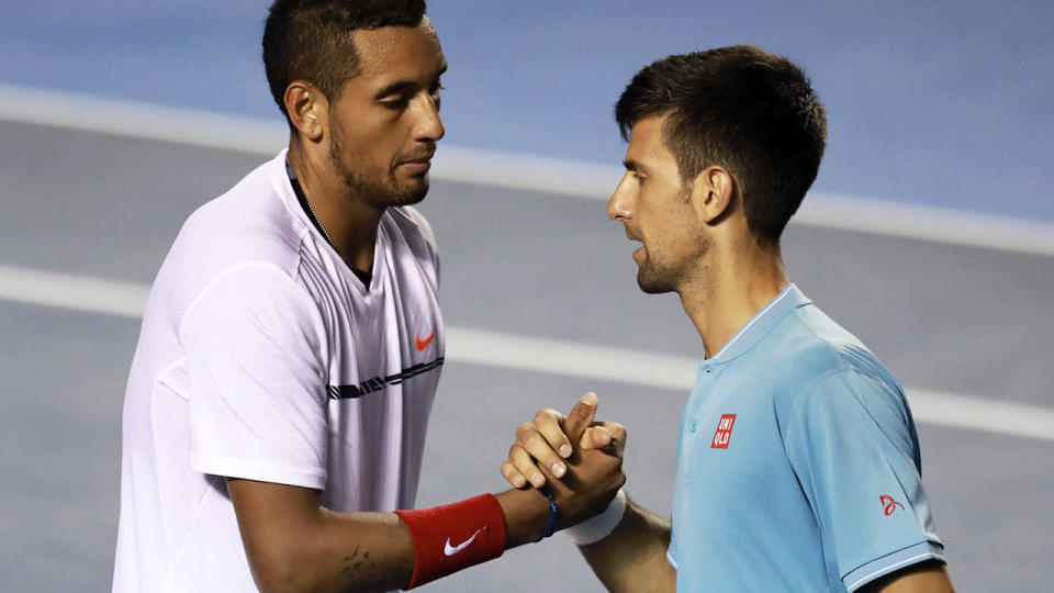 Novak Djokovic and Nick Kyrgios in 2017. (Photo by Miguel Tovar/LatinContent/Getty Images)