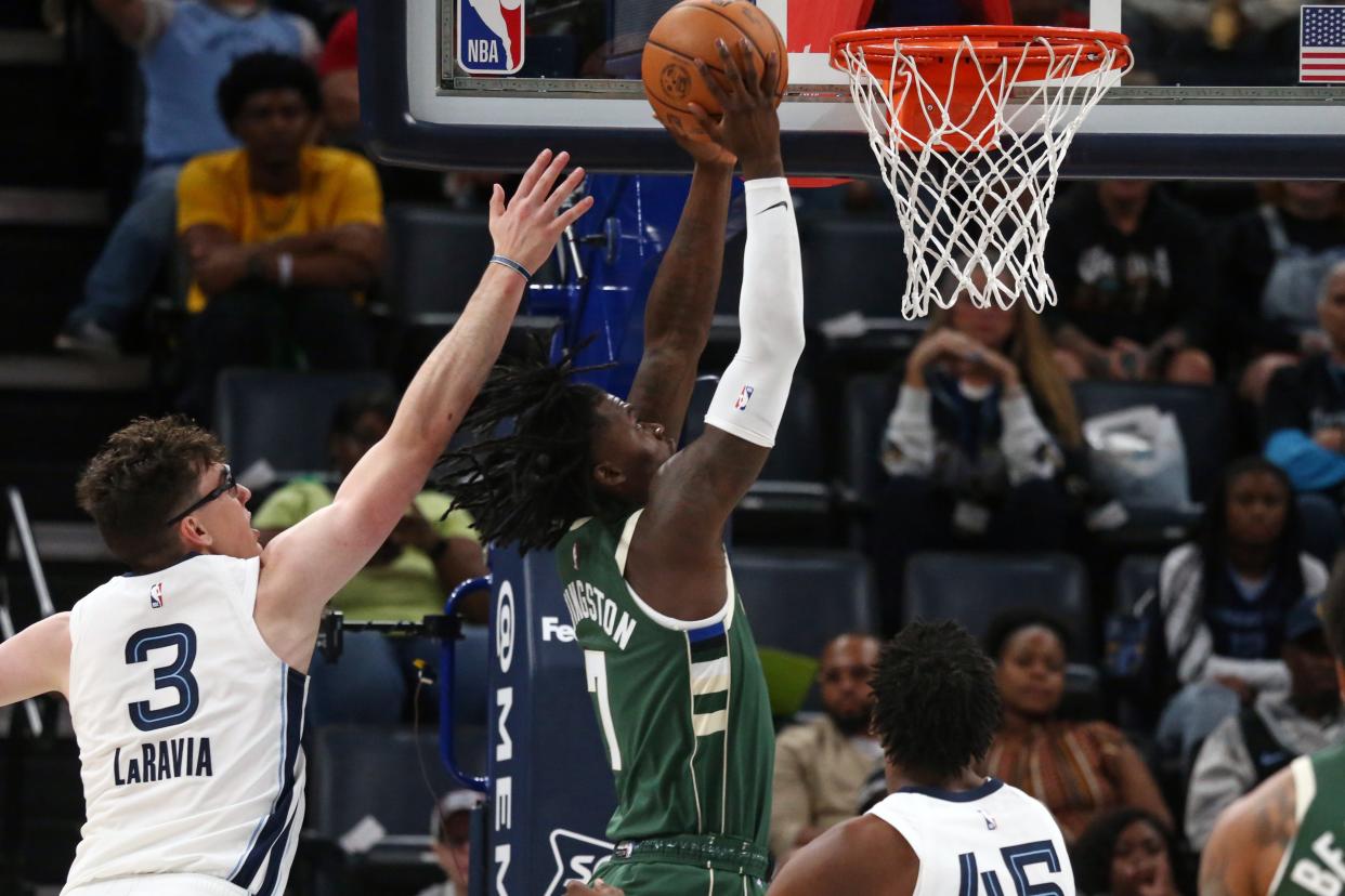 Milwaukee Bucks forward Chris Livingston (7) dunks during the second half against the Memphis Grizzlies at FedExForum on Oct. 10, 2023.