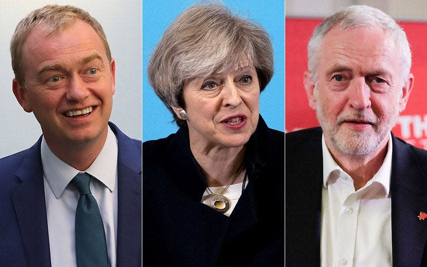 Tim Farron, Theresa May and Jeremy Corbyn - Credit: Getty