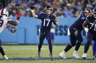 Tennessee Titans quarterback Ryan Tannehill (17) passes against the Buffalo Bills in the second half of an NFL football game Monday, Oct. 18, 2021, in Nashville, Tenn. (AP Photo/Wade Payne)