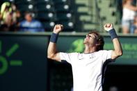 Mar 29, 2018; Key Biscayne, FL, USA; Pablo Carreno Busta of Spain celebrates after his match against Kevin Anderson of South Africa (not pictured) on day ten of the Miami Open at Tennis Center at Crandon Park. Mandatory Credit: Geoff Burke-USA TODAY Sports