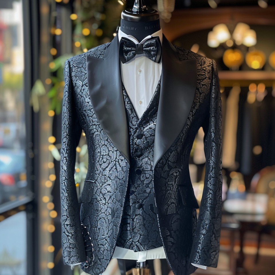 Mannequin dressed in an elegant black textured tuxedo with a bow tie