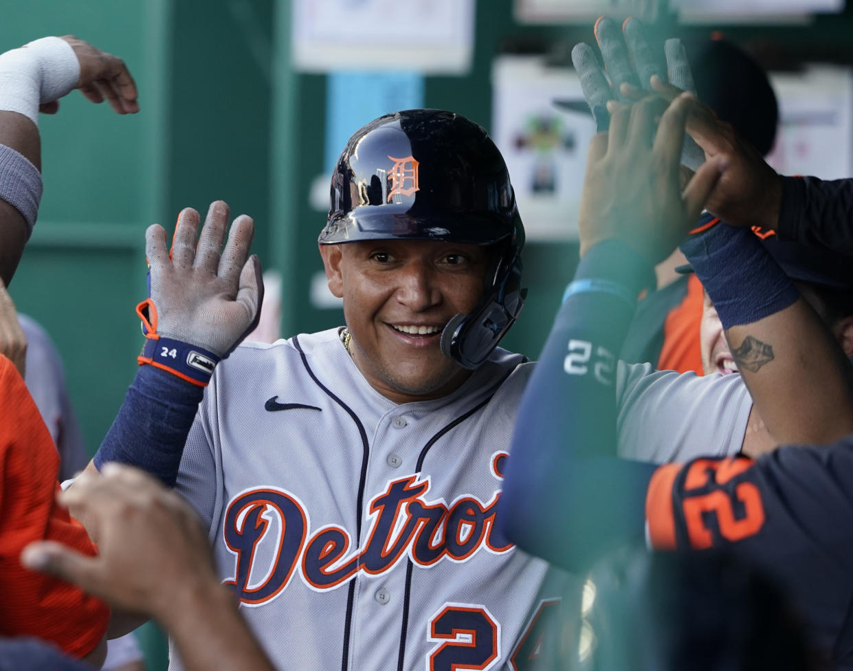 KANSAS CITY, MISSOURI - JULY 24:  Miguel Cabrera #24 of the Detroit Tigers celebrates after scoring in the second inning against the Kansas City Royals at Kauffman Stadium on July 24, 2021 in Kansas City, Missouri. (Photo by Ed Zurga/Getty Images)