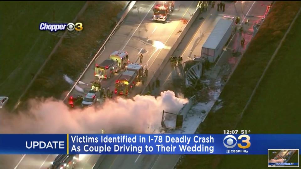 Kathryn Schurtz and Joseph Kearney were on their way to their wedding in Pittsburgh on Wednesday when they were killed in a fiery highway crash. (Photo: CBS 3)