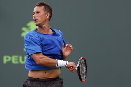 Mar 26, 2017; Miami, FL, USA; Philip Kohlschreiber of Germany hits a forehand against Rafael Nadal of Spain (not pictured) on day six of the 2017 Miami Open at Crandon Park Tennis Center. Nadal won 0-6, 6-2, 6-3. Mandatory Credit: Geoff Burke-USA TODAY Sports