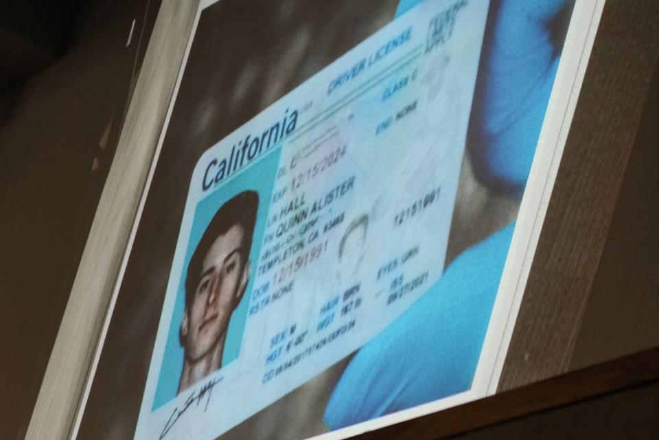 Quinn Hall’s driver’s license was found in his backpack near his dead body on Oct. 27, 2022. It was shown in San Luis Obispo Superior Court during the murder trial against Brandi Turner, who is accused of selling Hall the fentanyl that caused his fatal overdose, on Jan. 8, 2024.