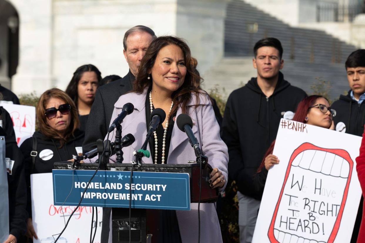 veronica escobar during a press conference to introduce the homeland security improvement act bill