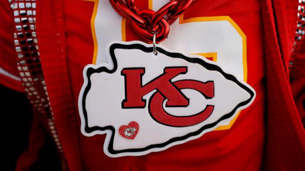 PHOTO: A detailed view of the Kansas City Chiefs logo on a fan prior to the AFC Championship Game against the Cincinnati Bengals at GEHA Field at Arrowhead Stadium on Jan. 29, 2023 in Kansas City, Mo. (David Eulitt/Getty Images)