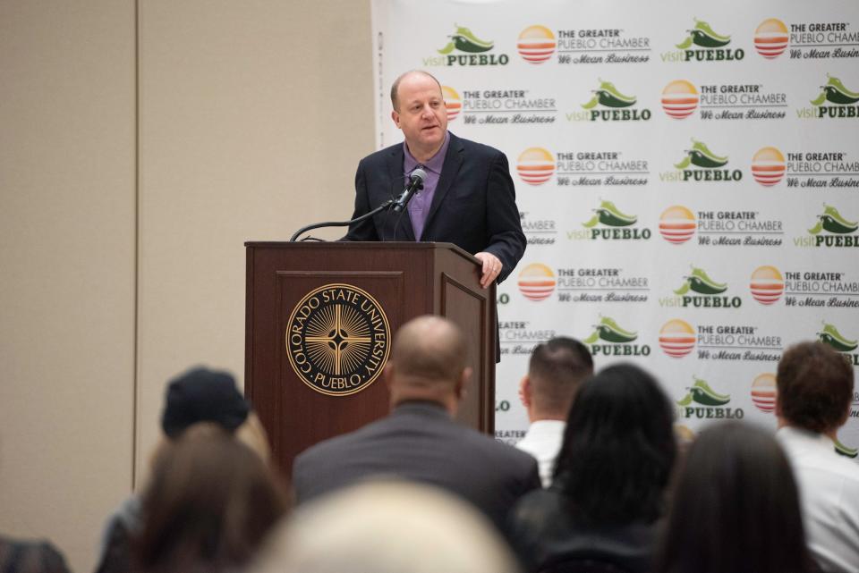 Gov. Jared Polis delivers the State of the State address at Colorado State University Pueblo on Friday, January 26, 2024.