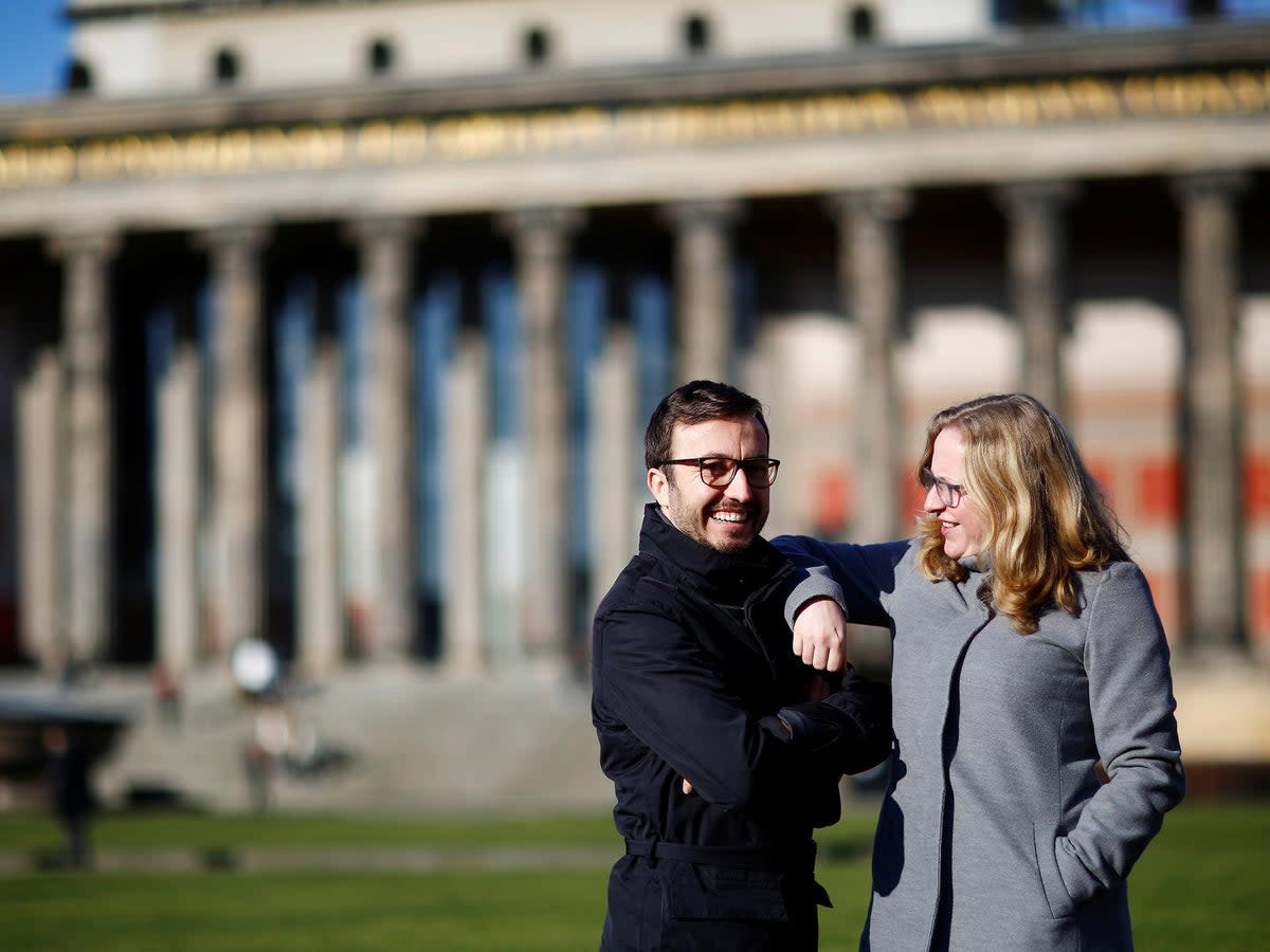 Daniela, 37, a Berlin-born social educator, and her partner Arda, 39, a German architect with Turkish roots, pose in front of Altes Museum in Berlin, Germany, February 4, 2018. 