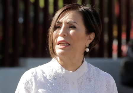 Former Minister of Social Development Rosario Robles arrives for a hearing on corruption charges at a court in Mexico City