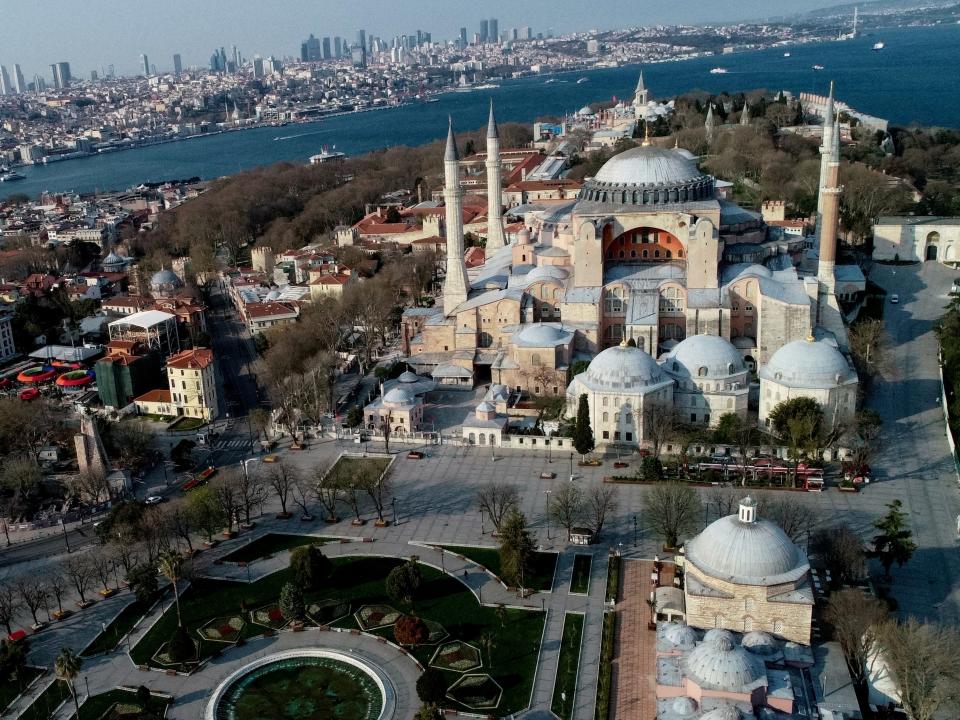 FILE PHOTO: An aerial view shows deserted streets around Byzantine-era monument of Hagia Sophia or Ayasofya and the city during a two-day curfew which was imposed to prevent the spread of the coronavirus disease (COVID-19), in Istanbul, Turkey, April 11, 2020. REUTERS/Umit Bektas