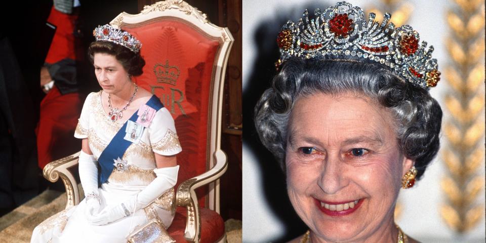 <p>The queen was given almost 100 Burmese rubies for her wedding day, and had them made into a <a rel="nofollow noopener" href="http://orderofsplendor.blogspot.com/2012/05/tiara-thursday-burmese-ruby-tiara.html" target="_blank" data-ylk="slk:tiara;elm:context_link;itc:0;sec:content-canvas" class="link ">tiara</a> in 1973. She combined the rubies with diamonds made from a different dismantled tiara.</p>