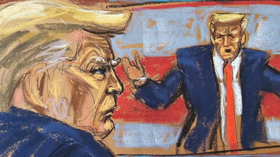Donal Trump shown in profile and head on in courtroom sketch