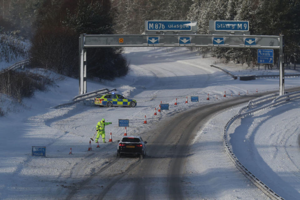 <p>The M876 to Glasgow is closed due to snow as storm Emma, rolling in from the Atlantic, looks poised to meet the Beast from the East’s chilly Russia air – causing further widespread snowfall and bitter temperatures. (Getty) </p>