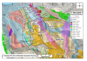 Geological map of the Manhattan Mine area with red circles showing drill collar locations and hole IDs indicating holes completed to date. C-C’ and D-D’ mark cross sections presented in Figures 2 and 3.