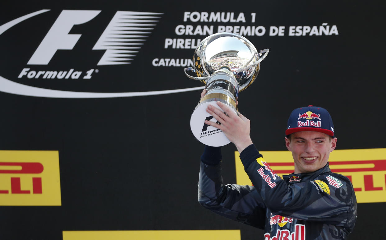 Formula 1 - Spanish Grand Prix - Barcelona-Catalunya racetrack, Montmelo, Spain - 15/5/16 Red Bull F1 driver Max Verstappen of The Netherlands holds trophy after winning Spanish Grand Prix.   REUTERS/Juan Medina