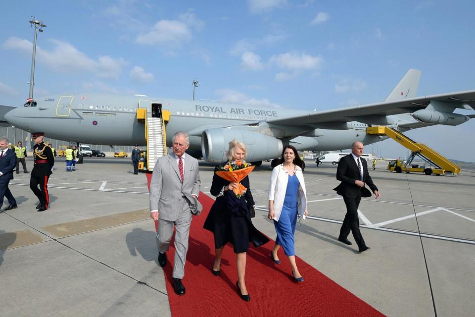 The Prince of Wales and Duchess of Cornwall disembark the Royal RAF Voyager in Vienna (Getty)