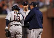 SAN FRANCISCO, CA - OCTOBER 24: (L-R) Alex Avila #13, Justin Verlander #35 and pitching coach Jeff Jones of the Detroit Tigers talk on the mound against the San Francisco Giants during Game One of the Major League Baseball World Series at AT&T Park on October 24, 2012 in San Francisco, California. (Photo by Doug Pensinger/Getty Images)