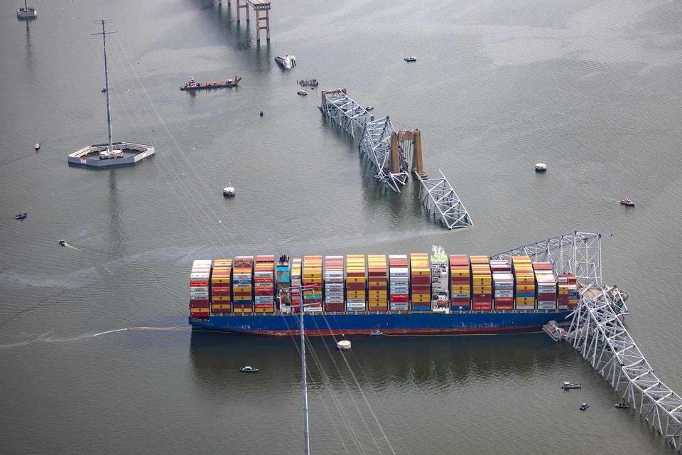 <p>Tasos Katopodis/Getty</p>  Aerial view of the Francis Scott Key Bridge after Tuesday