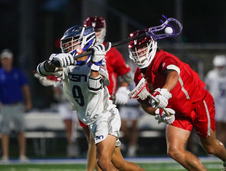 Community School of Naples Seahawks attacker Noah Cardoza (9) takes a shot toward the net during the second quarter of the Class 1A Region 3 semifinal against the Cardinal Mooney Cougars at Community School of Naples on Wednesday, April 26, 2023.