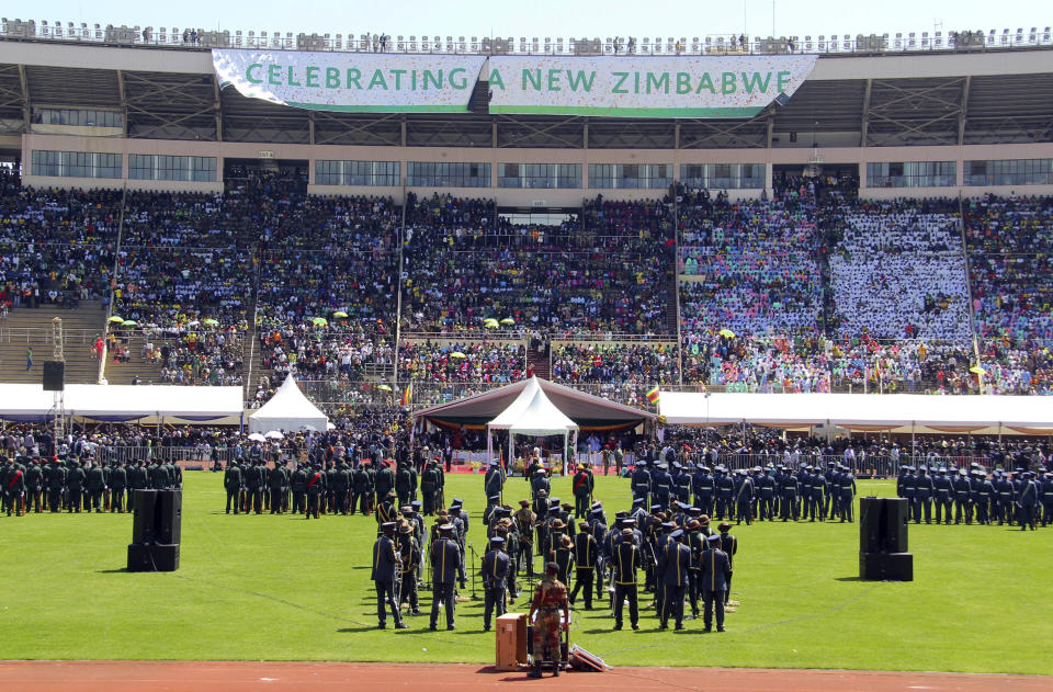 Members of the Defence Forces take part in Zimbabwean President Emmerson Mnangagwa's inauguration ceremony at the National Sports Stadium in Harare, Sunday, Aug. 26, 2018. Zimbabwe on Sunday inaugurated a president for the second time in nine months as a country recently jubilant over the fall of longtime leader Robert Mugabe is now largely subdued by renewed harassment of the opposition and a bitterly disputed election. (AP Photo)