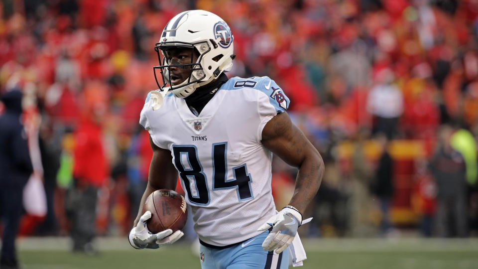 Tennessee Titans wide receiver Corey Davis made his first career touchdown catch in a playoff game against the Patriots. (AP)