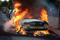 <p>A car burns during a protest against the upcoming G20 summit in Hamburg, Germany, July 6, 2017. (Photo: Christophe Gateau/dpa via AP) </p>