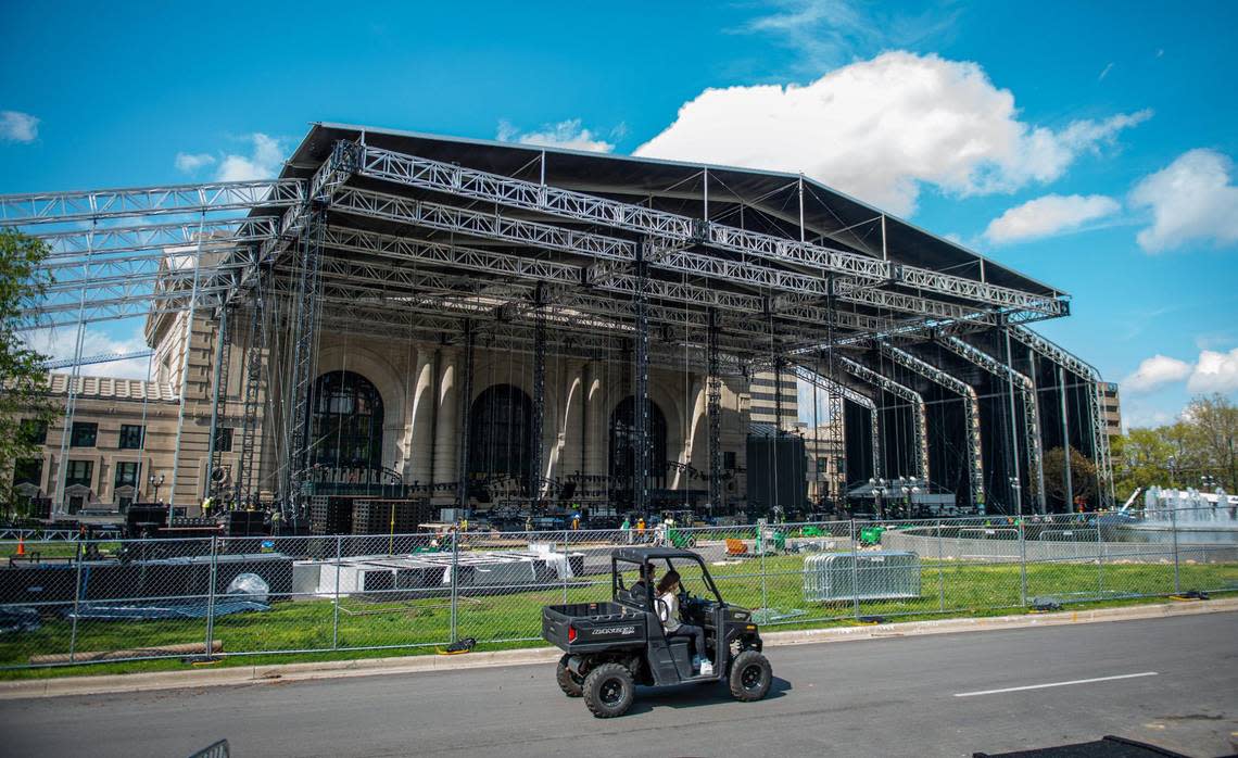 The stage in front of Union Station being constructed for the NFL Draft ceremonies will take nearly two weeks to build.