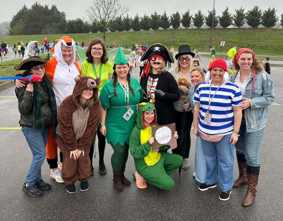 Second grade teachers get in on the fun, dressing up as Peter Pan, pirates and companions at the annual Hawk Walk at Hardin Valley Elementary School March 10, 2023.