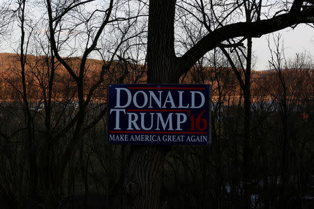 A sign in support for U.S. President Donald Trump's 2016 election campaign is attached to a tree in Endicott, New York, U.S., April 7, 2018. REUTERS/Andrew Kelly