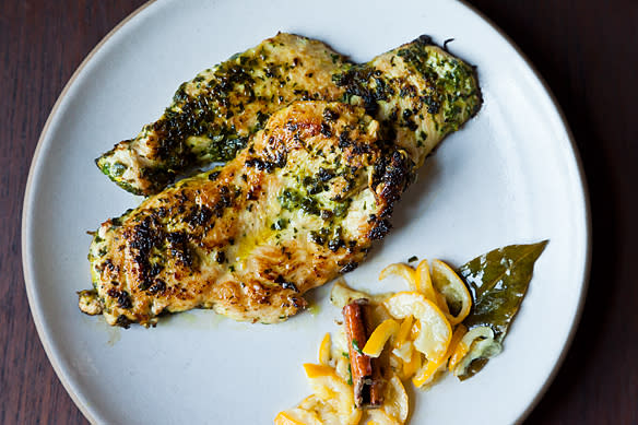 Chicken Cutlets Grilled in Charmoula with Quick Cured Lemon