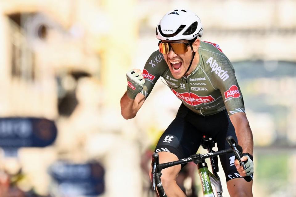 Stefano Oldani delivered another home win following a breakaway on stage 12 of the Giro d’Italia in Genoa (Fabio Ferrari/LaPresse via AP) (AP)