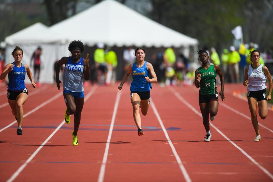 Timnath's Emili Voelker competes in the Class 2A girls 100 meter dash at the Colorado high school track and field state meet at Jeffco Stadium on Saturday, May 20, 2023, in Lakewood, Colo.