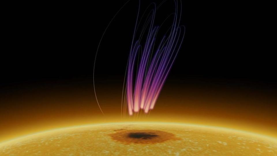 An artist's illustration of the aurora-like emission from the surface of the sun.