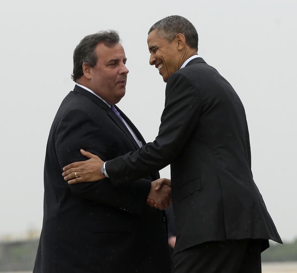 FILE - In this May 28, 2013 file photo, New Jersey Gov. Chris Christie greets President Barack Obama upon his arrival at McGuire Air Force Base, N.J. Obama traveled to New Jersey joining Christie to inspect and tour the Jersey Shore's recovery efforts from Hurricane Sandy. (AP Photo/Pablo Martinez Monsivais, File)