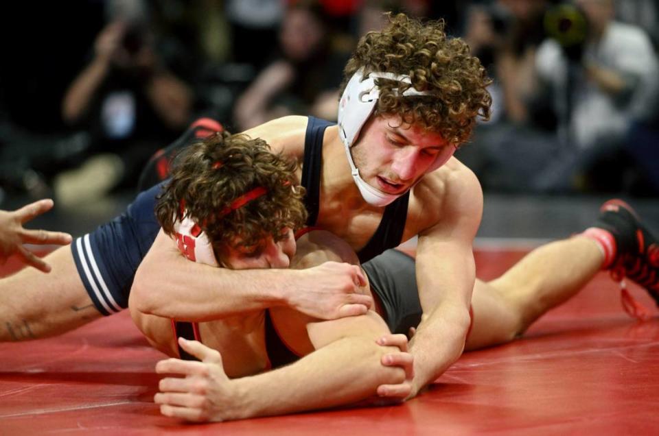 Penn State’s Mitchell Mesenbrink controls Wisconsin’s Dean Hamiti in the 165 lb championship bout of the Big Ten Wrestling tournament at the Xfinity Center at the University of Maryland on Sunday, March 10, 2024.