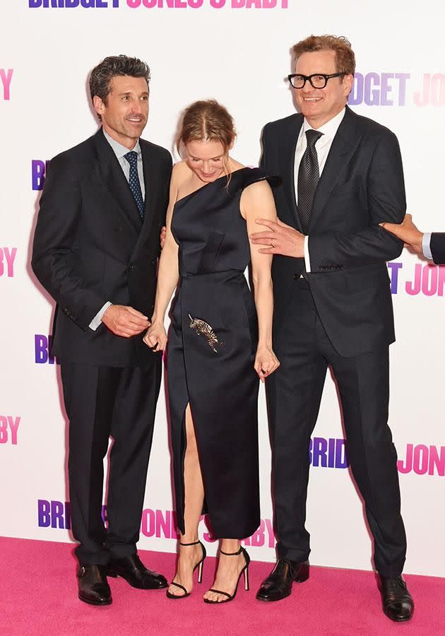 Renee Zellweger poses for snaps with her co-stars Patrick Dempsey and Colin Firth at the world premiere of Bridget Jones's Baby in London. Source: Getty