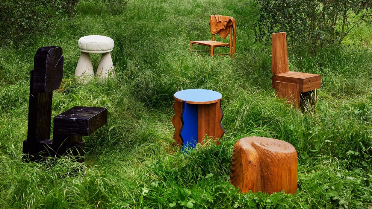 wood furniture in a green park