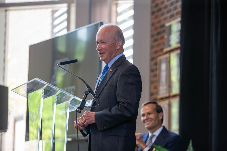 Purdue President Mitch Daniels, thanks SkyWater Technology for choosing Purdue University to open its $1.8 billion state-of-the-art semiconductor manufacturing facility in Discovery Park District at Purdue University, on Wednesday, July 20, 2022, in West Lafayette.