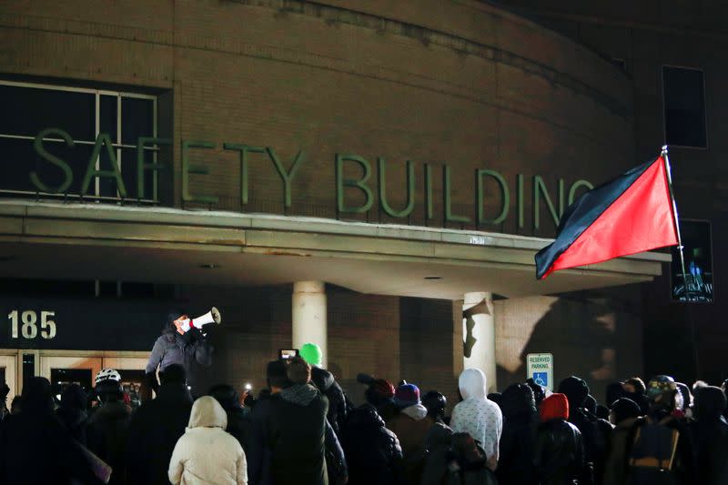 Protestors gather outside the Public Safety Building after the New York grand jury voted not to indict officers in Prude's death