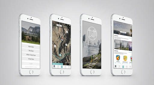 This image provided by Fitbit shows examples, displayed on smartphones, of a new motivational feature called Adventures, which will be available to all Fitbit users through a free app update Monday, Aug. 29, 2016. Fitbit wants to get its users to exercise more by teasing symbolic rewards based on how far they would have run or walked on real-world hikes. (Fitbit via AP)