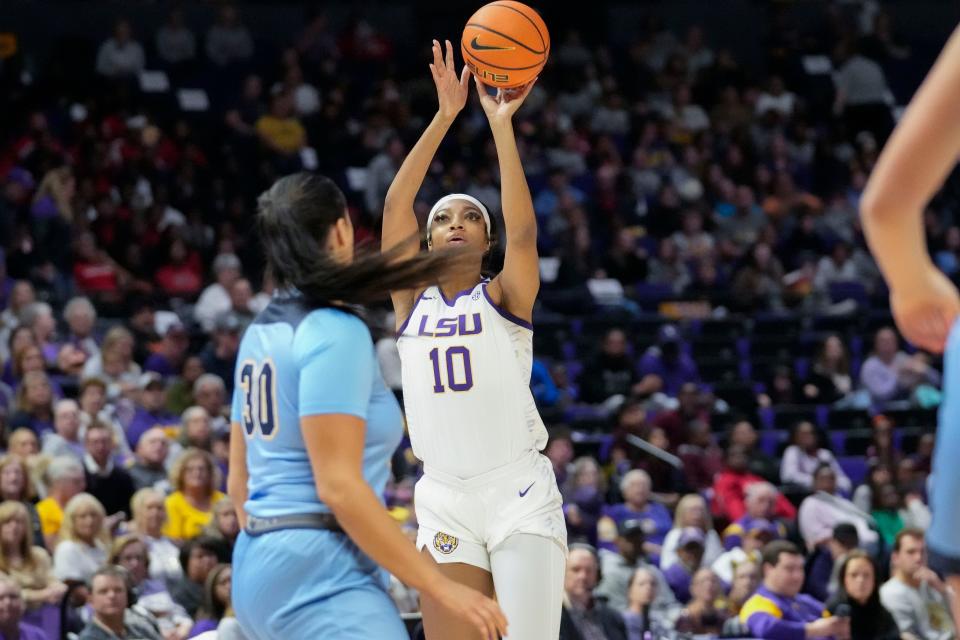LSU forward Angel Reese (10) shoots during the first half of a game against Kent State in November.