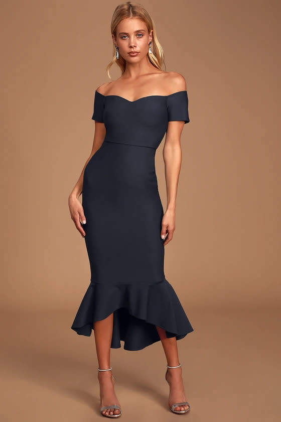How Much I Care Midnight Blue Off-the-Shoulder Midi Dress. (Image via Lulus)