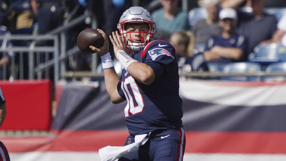 New England Patriots quarterback Mac Jones throws a pass during the first half of an NFL football game against the New Orleans Saints, Sunday, Sept. 26, 2021, in Foxborough, Mass. (AP Photo/Mary Schwalm)