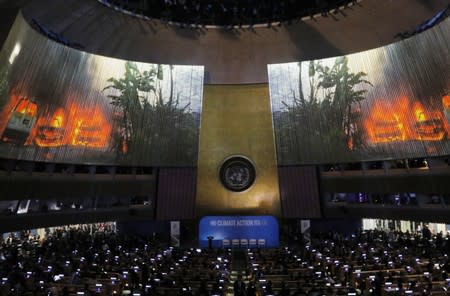 Video segments play during the opening ceremony of the 2019 United Nations Climate Action Summit at U.N. headquarters in New York City, New York, U.S.