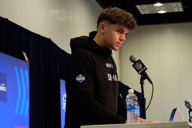 Iowa cornerback Cooper DeJean speaks to reporters at the NFL scouting combine Thursday at the Indiana Convention Center in Indianapolis. Photo by Alex Butler